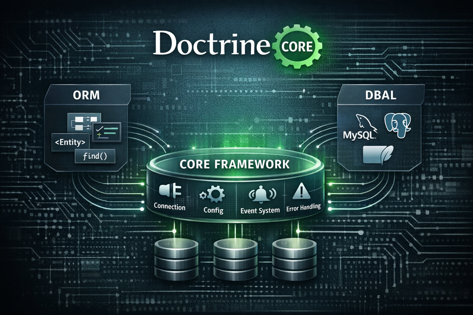 Doctrine Core architecture illustrating ORM, DBAL, and core framework components